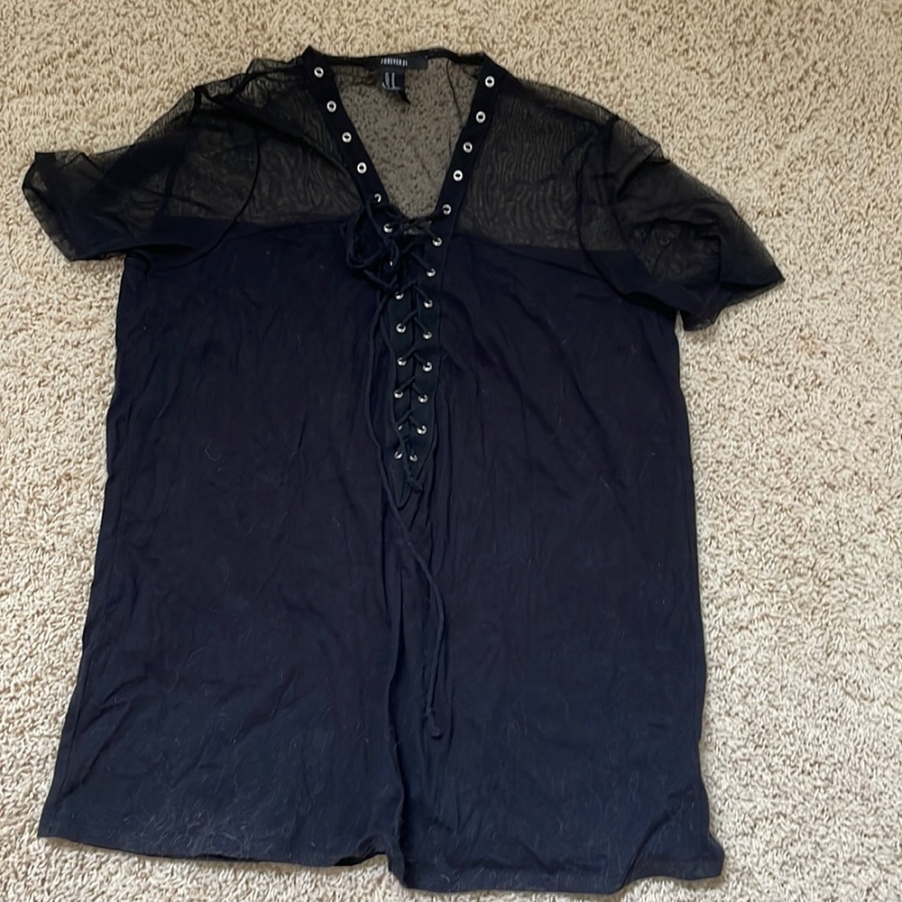 Forever 21 Edgy Black Lace Up Front Tee Shirt Size Medium